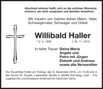 Traueranzeige von Willibald Haller von Gesamtausgabe Nürnberger Nachrichten/ Nürnberger Ztg.