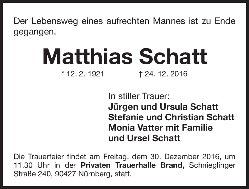  Traueranzeige für Matthias Schatt vom 28.12.2016 aus Gesamtausgabe Nürnberger Nachrichten/ Nürnberger Ztg.