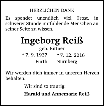 Traueranzeige von Ingeborg Reiß von Gesamtausgabe Nürnberger Nachrichten/ Nürnberger Ztg.