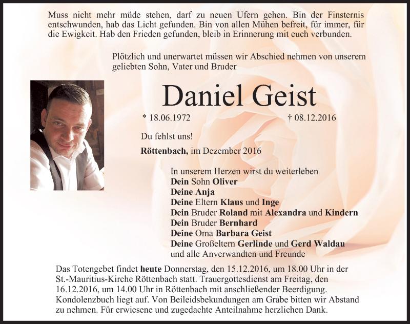  Traueranzeige für Daniel Geist vom 15.12.2016 aus Nordbayerische Nachrichten Herzogenaurach Lokal