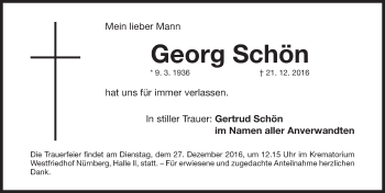 Traueranzeige von Georg Schön von Gesamtausgabe Nürnberger Nachrichten/ Nürnberger Ztg.