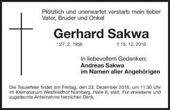 Traueranzeige von Gerhard Sakwa von Gesamtausgabe Nürnberger Nachrichten/ Nürnberger Ztg.
