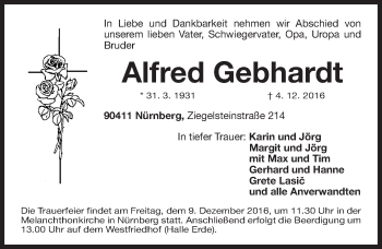 Traueranzeige von Alfred Gebhardt von Gesamtausgabe Nürnberger Nachrichten/ Nürnberger Ztg.
