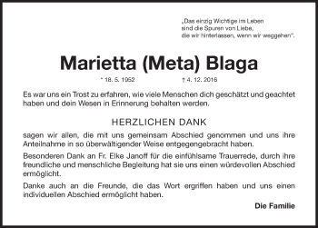 Traueranzeige von Marietta Blaga von Gesamtausgabe Nürnberger Nachrichten/ Nürnberger Ztg.