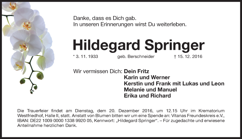  Traueranzeige für Hildegard Springer vom 17.12.2016 aus Gesamtausgabe Nürnberger Nachrichten/ Nürnberger Ztg.