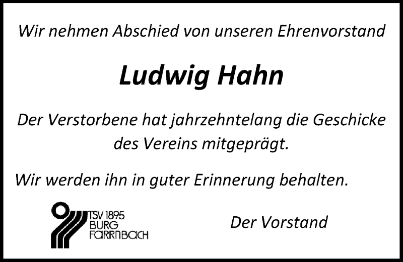 Traueranzeige für Ludwig Hahn vom 21.12.2016 aus Fürther Nachrichten Lokal