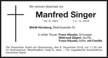 Traueranzeige von Manfred Singer von Gesamtausgabe Nürnberger Nachrichten/ Nürnberger Ztg.