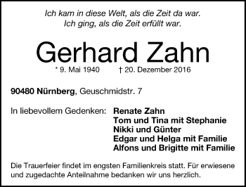Traueranzeige von Gerhard Zahn von Gesamtausgabe Nürnberger Nachrichten/ Nürnberger Ztg.