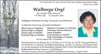 Traueranzeige von Walburga Oegl von Neumarkter Nachrichten Lokal