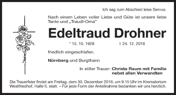 Traueranzeige von Edeltraud Drohner von Gesamtausgabe Nürnberger Nachrichten/ Nürnberger Ztg.