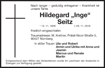 Traueranzeige von Hildegard Seitz von Gesamtausgabe Nürnberger Nachrichten/ Nürnberger Ztg.