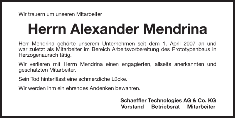  Traueranzeige für Alexander Mendrina vom 16.12.2016 aus Gesamtausgabe Nürnberger Nachrichten/ Nürnberger Ztg.