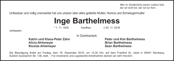 Traueranzeige von Inge Barthelmess von Gesamtausgabe Nürnberger Nachrichten/ Nürnberger Ztg.