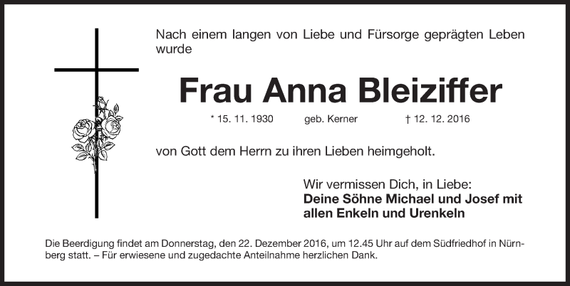  Traueranzeige für Anna Bleiziffer vom 17.12.2016 aus Gesamtausgabe Nürnberger Nachrichten/ Nürnberger Ztg.