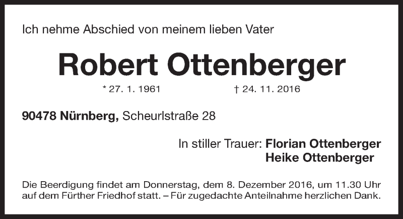  Traueranzeige für Robert Ottenberger vom 03.12.2016 aus Gesamtausgabe Nürnberger Nachrichten/ Nürnberger Ztg.