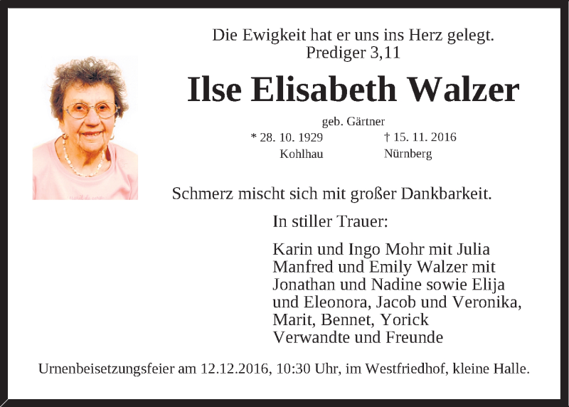  Traueranzeige für Ilse Elisabeth Walzer vom 03.12.2016 aus Gesamtausgabe Nürnberger Nachrichten/ Nürnberger Ztg.