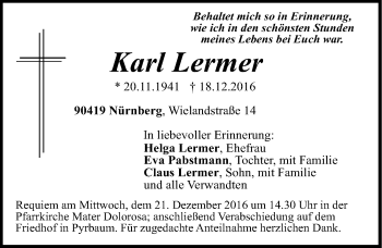 Traueranzeige von Karl Lermer von Gesamtausgabe Nürnberger Nachrichten/ Nürnberger Ztg.