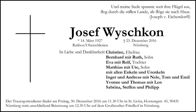  Traueranzeige für Josef Wyschkon vom 28.12.2016 aus Gesamtausgabe Nürnberger Nachrichten/ Nürnberger Ztg.