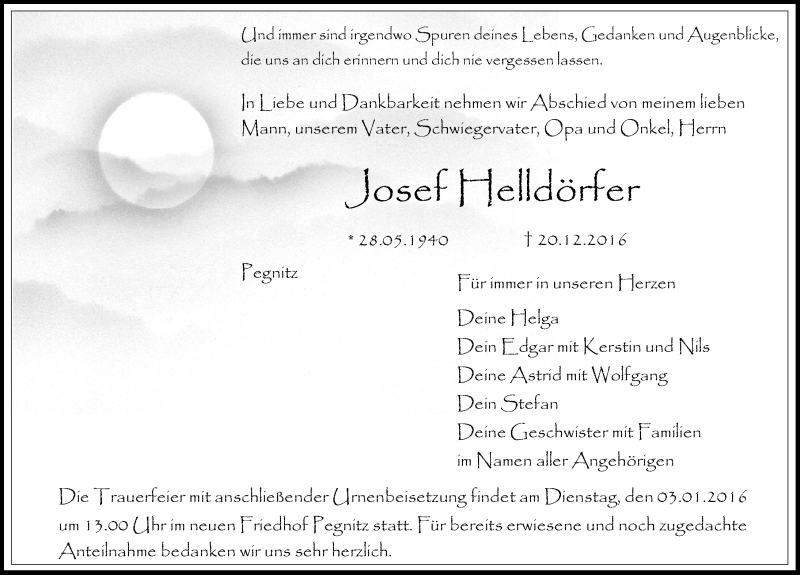  Traueranzeige für Josef Helldörfer vom 31.12.2016 aus Nordbayerische Nachrichten Pegnitz Lokal