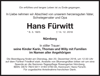 Traueranzeige von Hans Fürwitt von Gesamtausgabe Nürnberger Nachrichten/ Nürnberger Ztg.