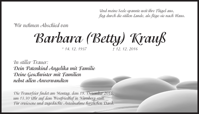  Traueranzeige für Barbara Krauß vom 17.12.2016 aus Gesamtausgabe Nürnberger Nachrichten/ Nürnberger Ztg.