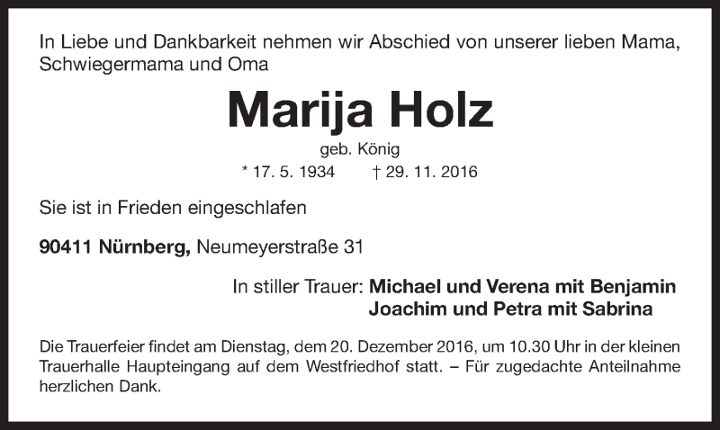  Traueranzeige für Marija Holz vom 17.12.2016 aus Gesamtausgabe Nürnberger Nachrichten/ Nürnberger Ztg.