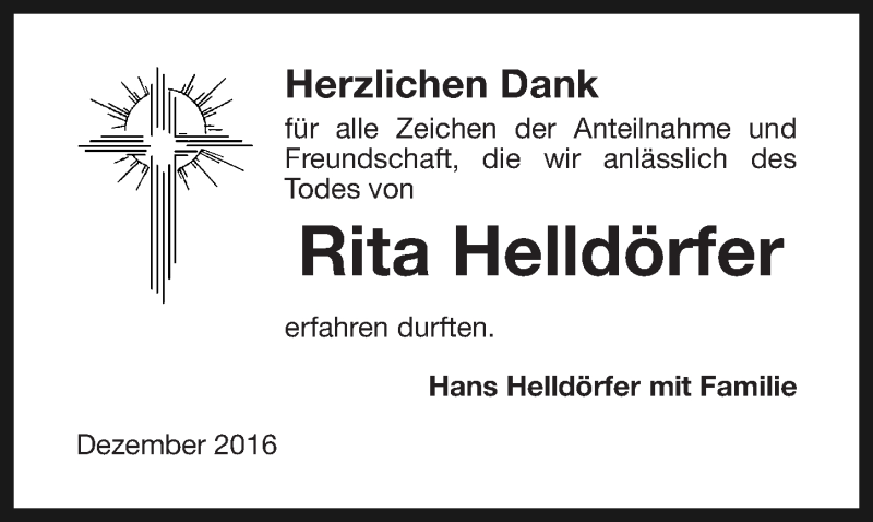  Traueranzeige für Rita Helldörfer vom 14.12.2016 aus Nordbayerische Nachrichten Pegnitz Lokal