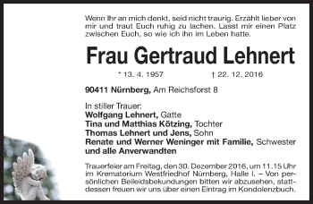 Traueranzeige von Gertraud Lehnert von Gesamtausgabe Nürnberger Nachrichten/ Nürnberger Ztg.