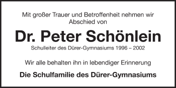 Traueranzeige von Peter Schönlein von Gesamtausgabe Nürnberger Nachrichten/ Nürnberger Ztg.