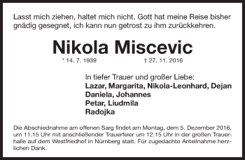 Traueranzeige von Nikola Miscevic von Gesamtausgabe Nürnberger Nachrichten/ Nürnberger Ztg.
