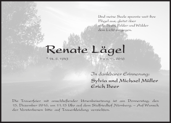 Traueranzeige von Renate Lägel von Gesamtausgabe Nürnberger Nachrichten/ Nürnberger Ztg.