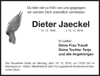 Traueranzeige von Dieter Jaeckel von Gesamtausgabe Nürnberger Nachrichten/ Nürnberger Ztg.
