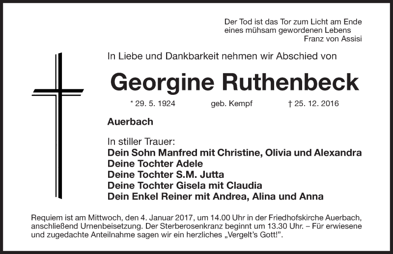  Traueranzeige für Georgine Ruthenbeck vom 29.12.2016 aus Nordbayerische Nachrichten Pegnitz Lokal