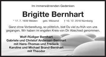 Traueranzeige von Brigitte Bernhart von Gesamtausgabe Nürnberger Nachrichten/ Nürnberger Ztg.