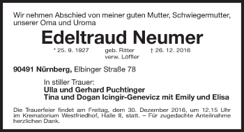 Traueranzeige von Edeltraud Neumer von Gesamtausgabe Nürnberger Nachrichten/ Nürnberger Ztg.