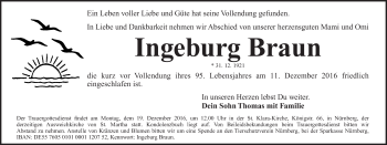 Traueranzeige von Ingeburg Braun von Gesamtausgabe Nürnberger Nachrichten/ Nürnberger Ztg.