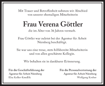 Traueranzeige von Verena Göttler von Gesamtausgabe Nürnberger Nachrichten/ Nürnberger Ztg.