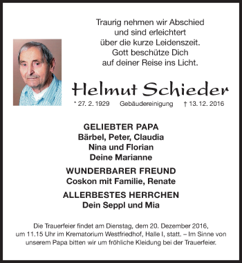 Traueranzeige von Helmut Schieder von Gesamtausgabe Nürnberger Nachrichten/ Nürnberger Ztg.