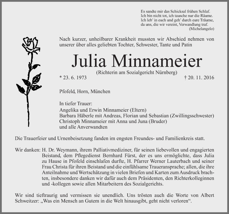  Traueranzeige für Julia Minnameier vom 08.12.2016 aus Altmühl-Bote Lokal