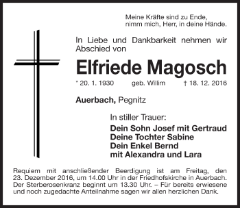 Traueranzeige von Elfriede Magosch von Nordbayerische Nachrichten Pegnitz Lokal