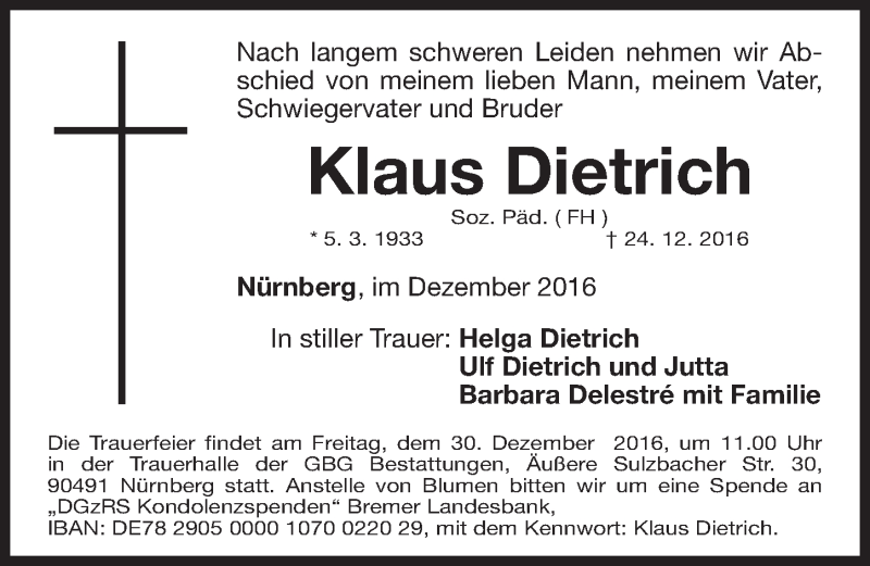 Traueranzeige für Klaus Dietrich vom 28.12.2016 aus Gesamtausgabe Nürnberger Nachrichten/ Nürnberger Ztg.