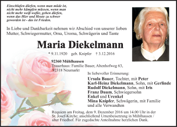 Traueranzeige von Maria Diekelmann von Neumarkter Nachrichten Lokal