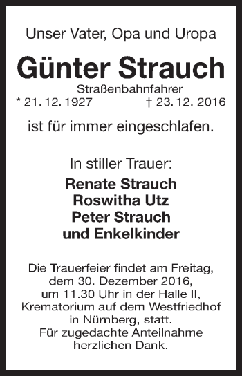 Traueranzeige von Günter Strauch von Gesamtausgabe Nürnberger Nachrichten/ Nürnberger Ztg.