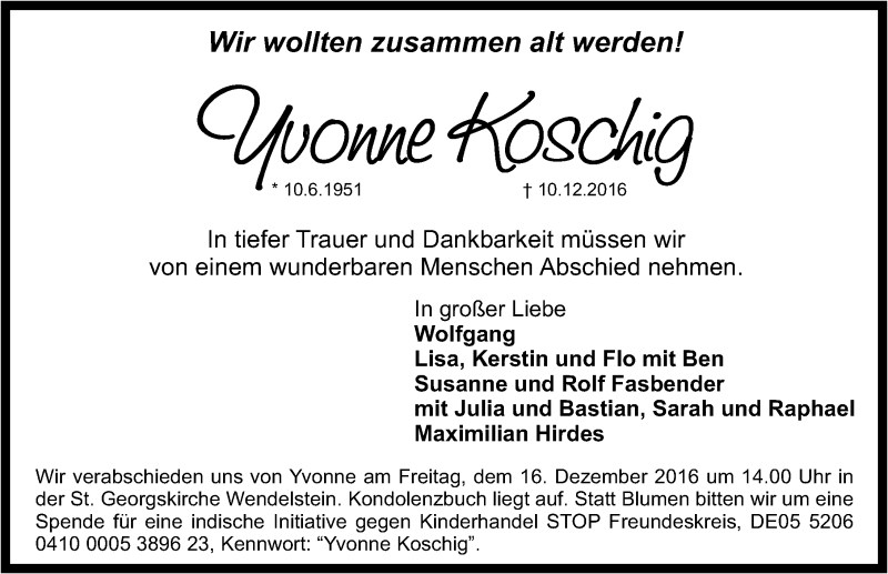  Traueranzeige für Yvonne Koschig vom 14.12.2016 aus Schwabach