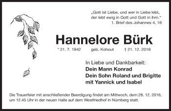 Traueranzeige von Hannelore Bürk von Gesamtausgabe Nürnberger Nachrichten/ Nürnberger Ztg.
