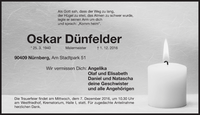  Traueranzeige für Oskar Dünfelder vom 03.12.2016 aus Gesamtausgabe Nürnberger Nachrichten/ Nürnberger Ztg.