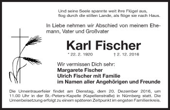 Traueranzeige von Karl Fischer von Gesamtausgabe Nürnberger Nachrichten/ Nürnberger Ztg.