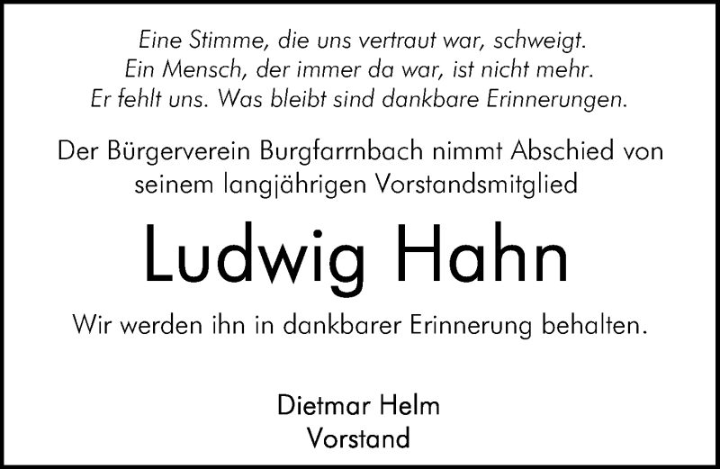  Traueranzeige für Ludwig Hahn vom 21.12.2016 aus Fürther Nachrichten Lokal