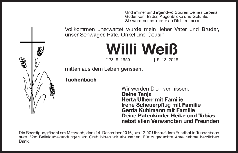  Traueranzeige für Willi Weiß vom 12.12.2016 aus Fürther Nachrichten Lokal