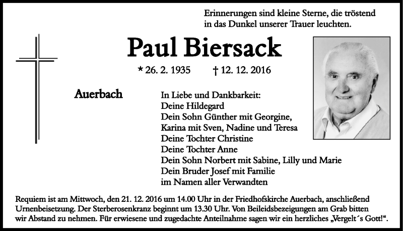  Traueranzeige für Paul Biersack vom 17.12.2016 aus Nordbayerische Nachrichten Pegnitz Lokal